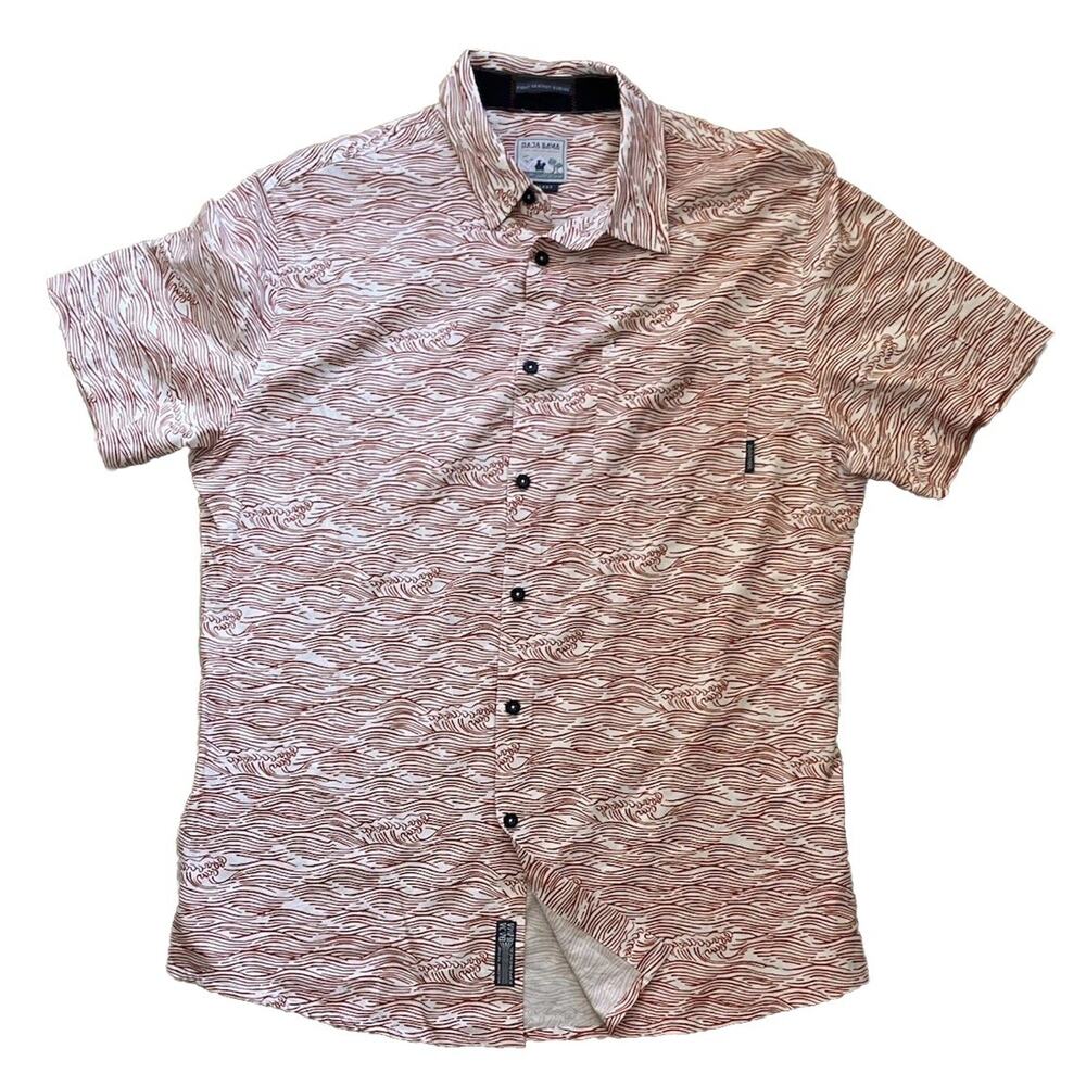 Baja Llama Roll Tides Burnt Ochre Wave Print Button Up Shirt Men’s XL NWOT